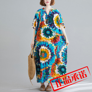 棉麻印花民族风通勤短袖 女装 G长版 女胖mm大尺码 洋装 2022新款