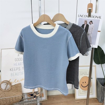 2025春夏新款短袖t恤女撞x色小条纹圆领短款小版女士小个子打底衫