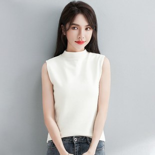 纯色内搭保暖吊带背心夏 秋冬新款 纯棉加厚半高领无袖 To恤女打底衫