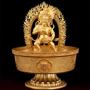 纯铜水陆供家用黑财n神供水碗水财神金色紫色立体雕花桌面摆件