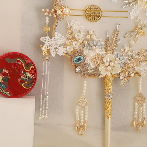 结婚新娘团扇高端中式婚礼出嫁秀禾手工喜扇子手捧diy材料包