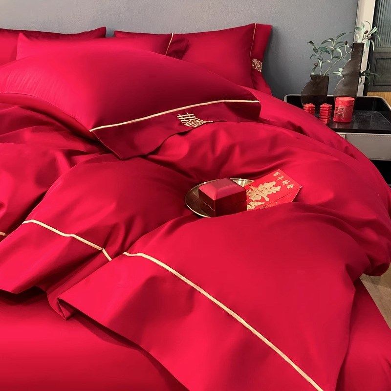 中式简约刺绣结婚四件套大红色新婚陪嫁被套婚庆床上Y用品婚房备,床上用品,婚庆床品套件,淘宝优惠券,粉丝福利购,淘宝优惠卷