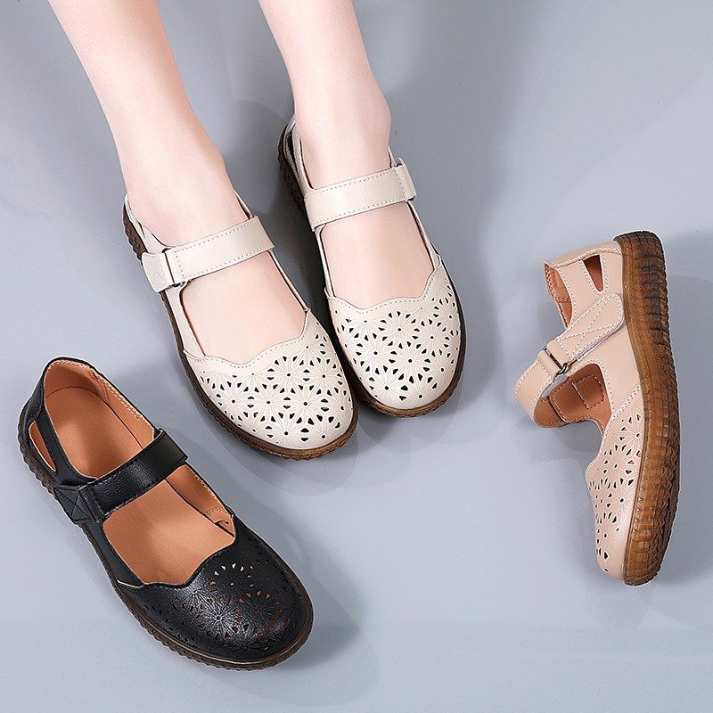 中老年凉鞋女2025新款夏季皮面豆E豆鞋镂空透气平底防滑妈妈鞋软,女鞋,浅口单鞋,淘宝优惠券,粉丝福利购,淘宝优惠卷