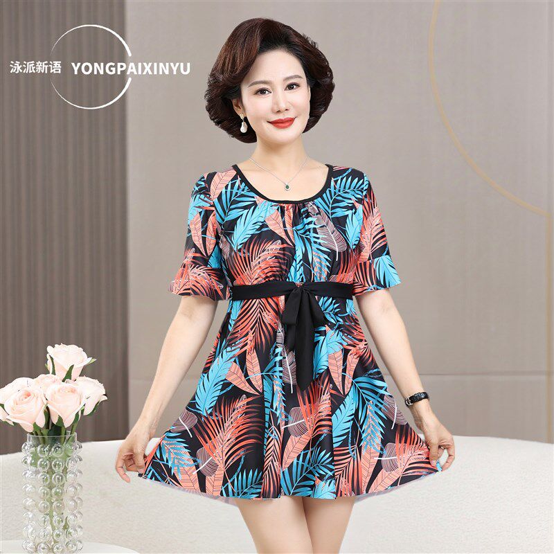 泳衣女款中老年保守妈妈泳衣连体C遮肚显瘦经典款大码泡温泉游泳