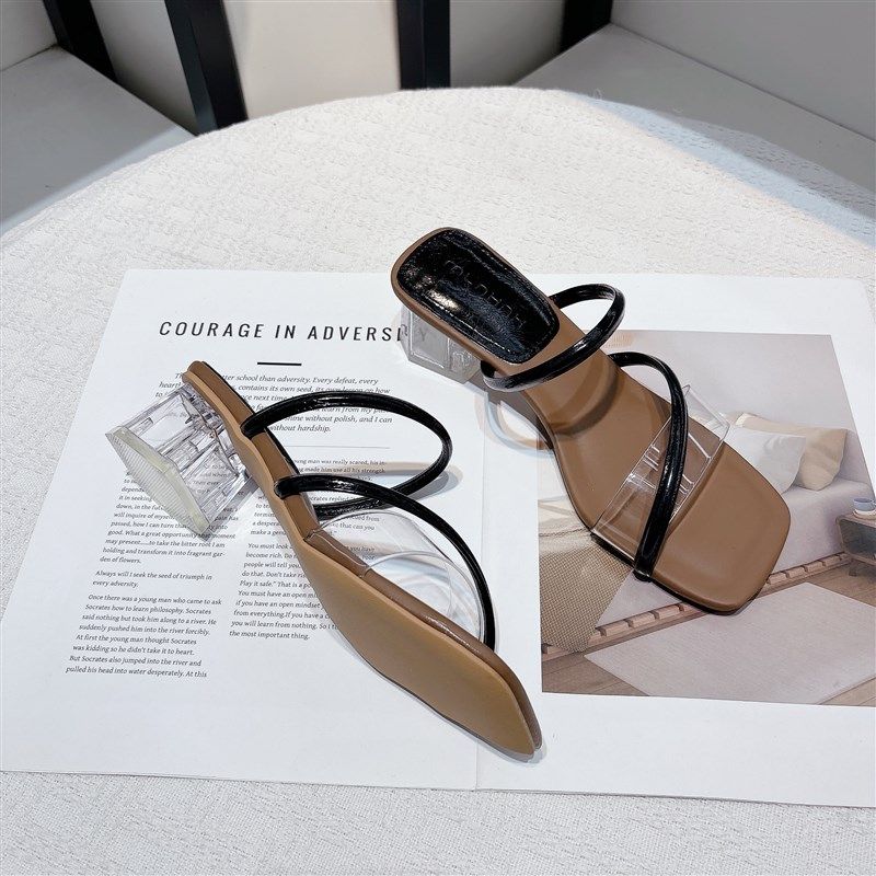 网红爆款时尚拖鞋j女夏外穿2025年新款百搭气质方头水晶粗跟一字,女鞋,一字拖,淘宝优惠券,粉丝福利购,淘宝优惠卷