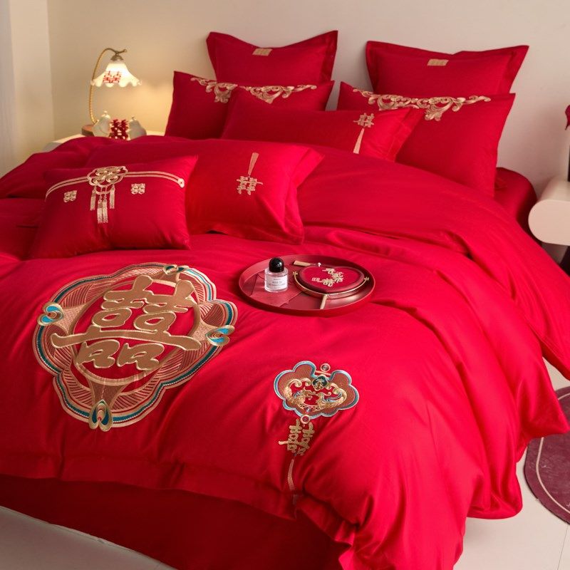 中式喜庆结婚四件套大红v色婚礼陪嫁被套婚庆床上用品婚房备婚,床上用品,婚庆床品套件,淘宝优惠券,粉丝福利购,淘宝优惠卷