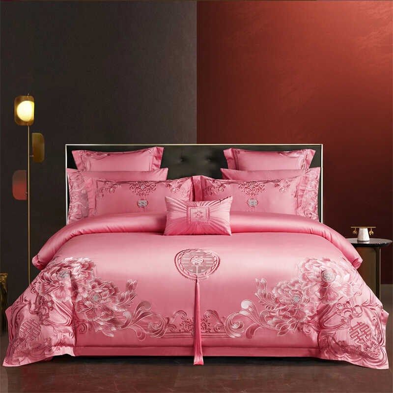 婚庆四件套粉色全棉刺绣新婚六z八十件套结婚喜庆套件婚嫁床上用,床上用品,婚庆床品套件,淘宝优惠券,粉丝福利购,淘宝优惠卷