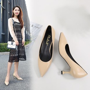 2024新款猫跟尖头少女细v跟高跟鞋女黑色工作鞋百搭红色法式中跟