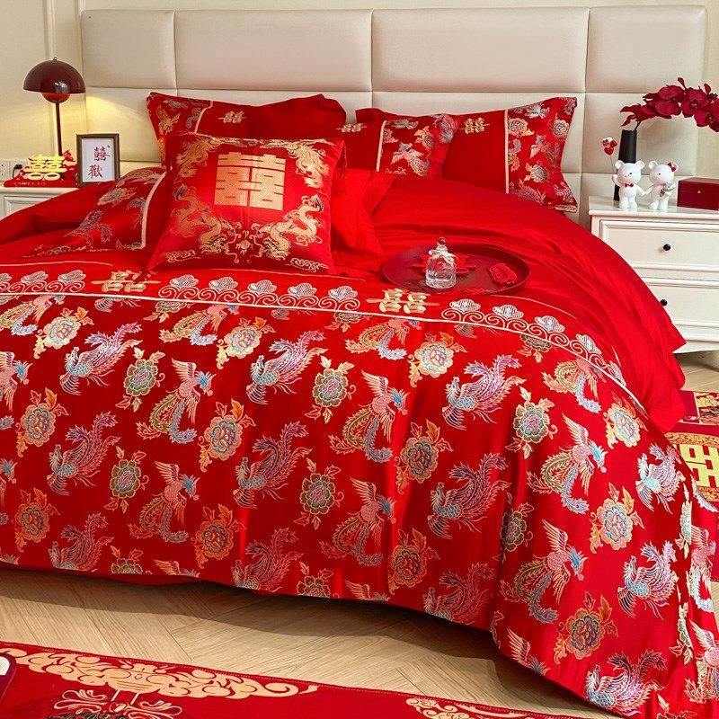 中式龙凤结婚四件套大红色新婚陪嫁被套P喜被婚庆床上用品,床上用品,婚庆床品套件,淘宝优惠券,粉丝福利购,淘宝优惠卷