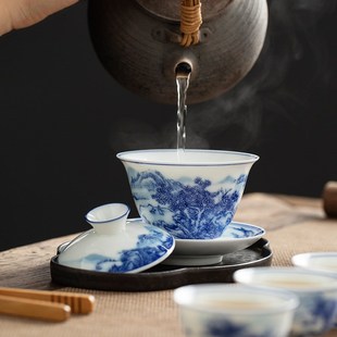 家用客厅陶瓷盖碗茶杯茶具办公室会客 高端景德镇山水功夫茶具套装