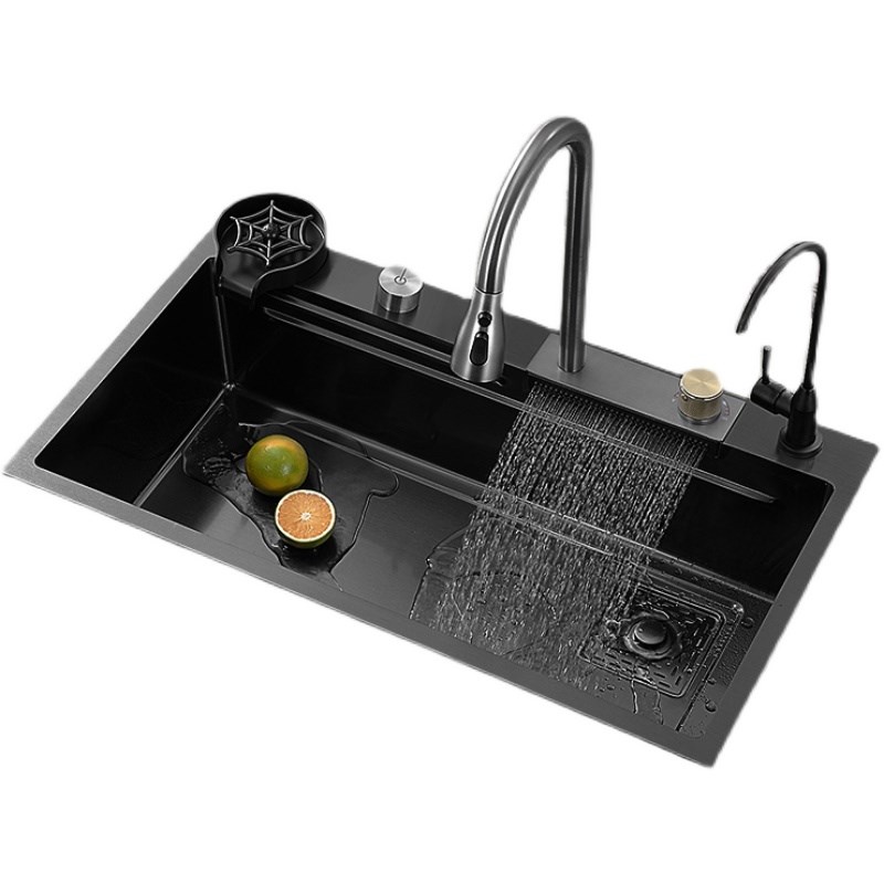 厨房手工304不锈钢飞雨瀑布水槽家用洗碗池纳米黑色大单槽洗菜盆
