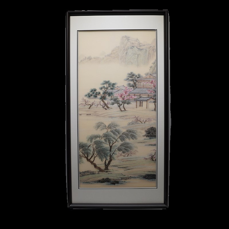 精品客厅挂画宋式山水风景纯手工蚕丝线刺绣新书房饰画