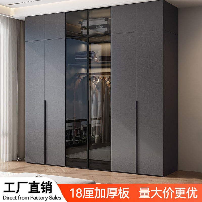 玻璃门衣柜卧室灰色极简轻奢衣櫃组合平开四门六门大衣橱柜子收纳