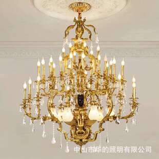 法式复古全铜水晶大吊灯欧式别墅复式楼挑空客厅楼梯脱蜡铜灯饰