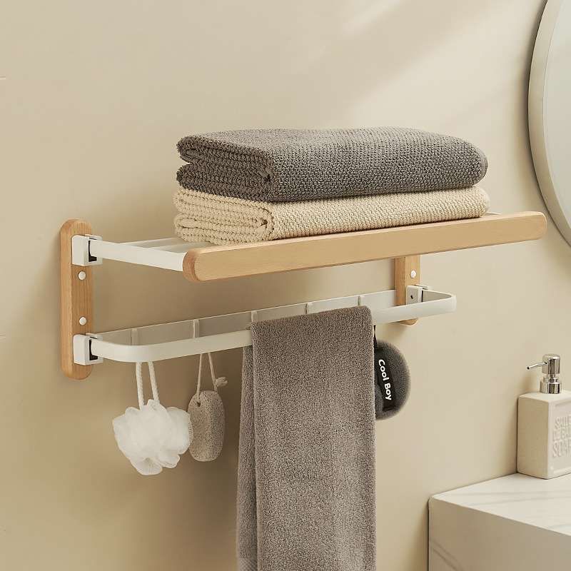 原木风日式实木浴室毛巾架套装免打孔卫生间折叠挂钩浴巾架置物架