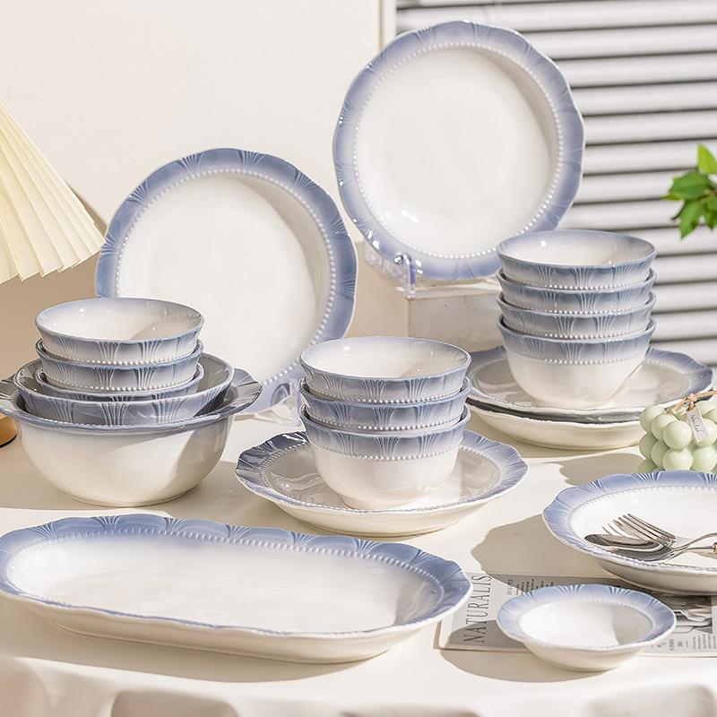 釉下彩碟套装家用米饭碗轻奢渐变蓝陶瓷餐具汤碗圆盘乔迁送礼