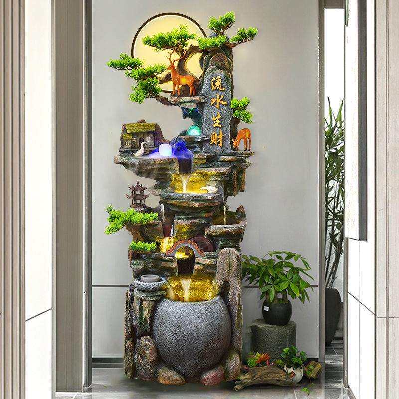中式假山流水喷泉摆件客厅风水轮生财装饰高山循环水景落地加湿器