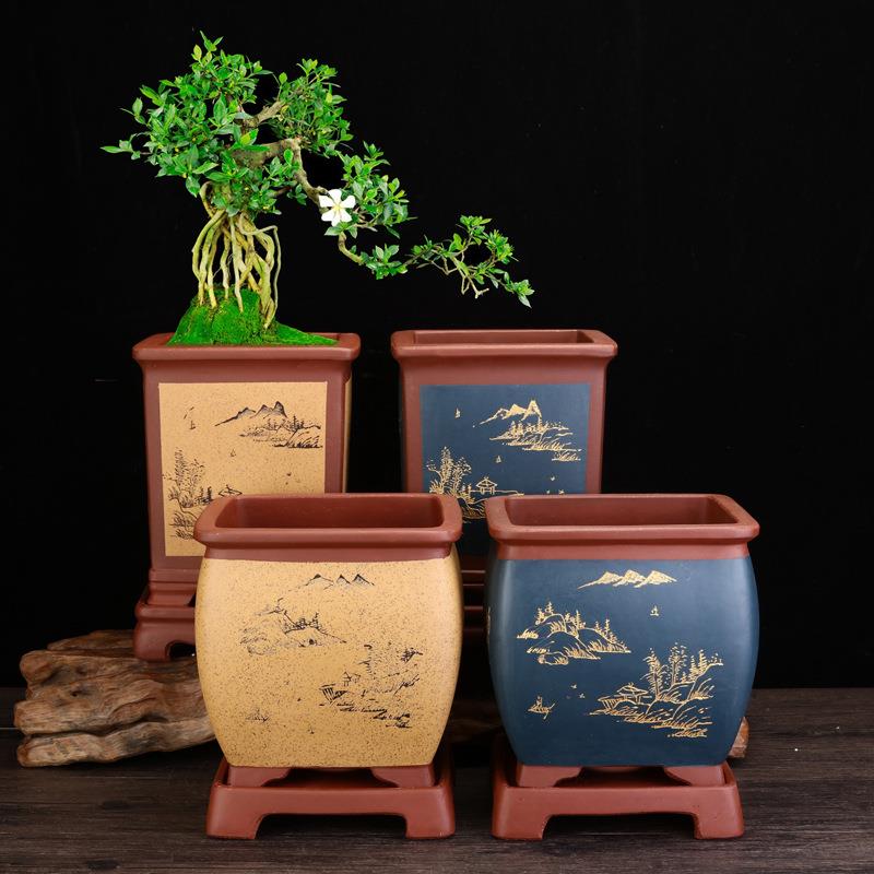 紫砂花盆手工刻绘四方带底座蝴蝶兰君子兰花卉绿植阳台摆件