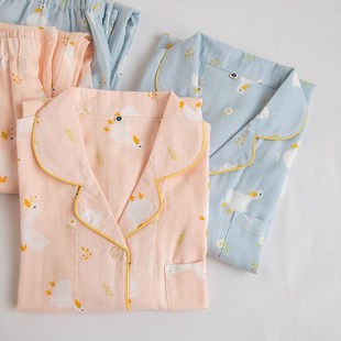 家居服套装 春夏可爱卡通全棉双层纱布女士纯棉睡衣长袖 春秋薄开衫