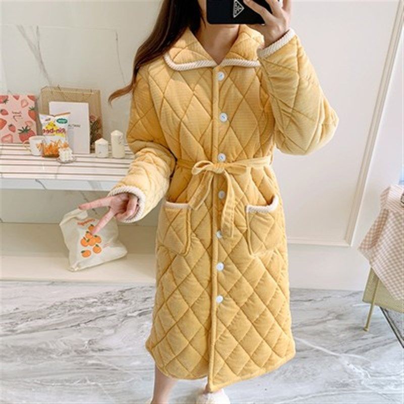 睡袍女2021年新款冬款三层夹棉加厚秋冬季中长款可爱卡通睡衣浴袍
