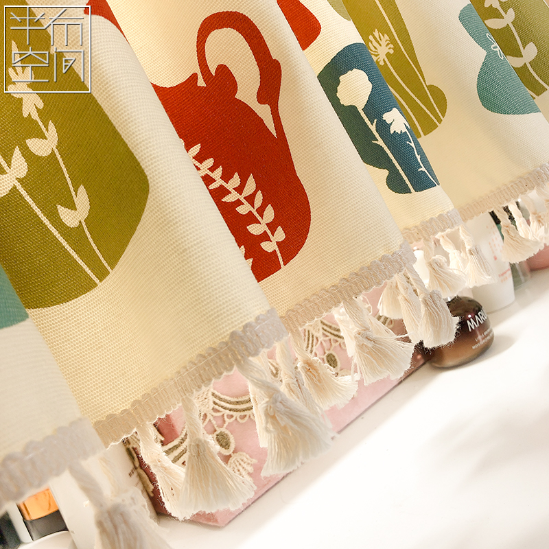 花瓶日式免打孔加厚纯棉短帘柜子隔断半遮光帘厨房玄关新文艺门帘