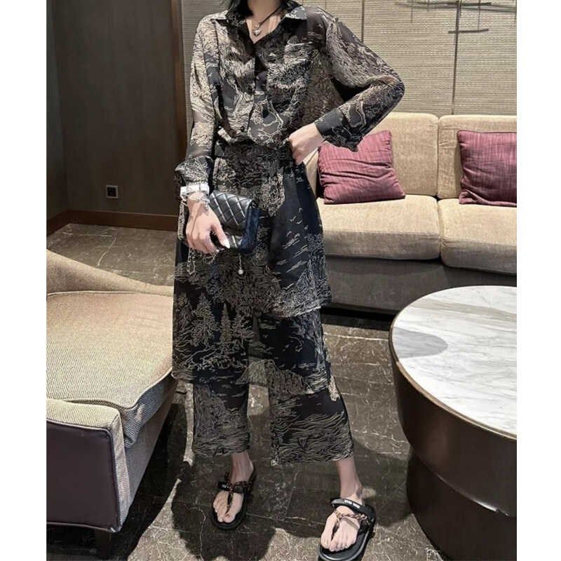 2024夏季新款法式气质碎花连衣裤裙女衬衫领显瘦时尚连体围裙裤子