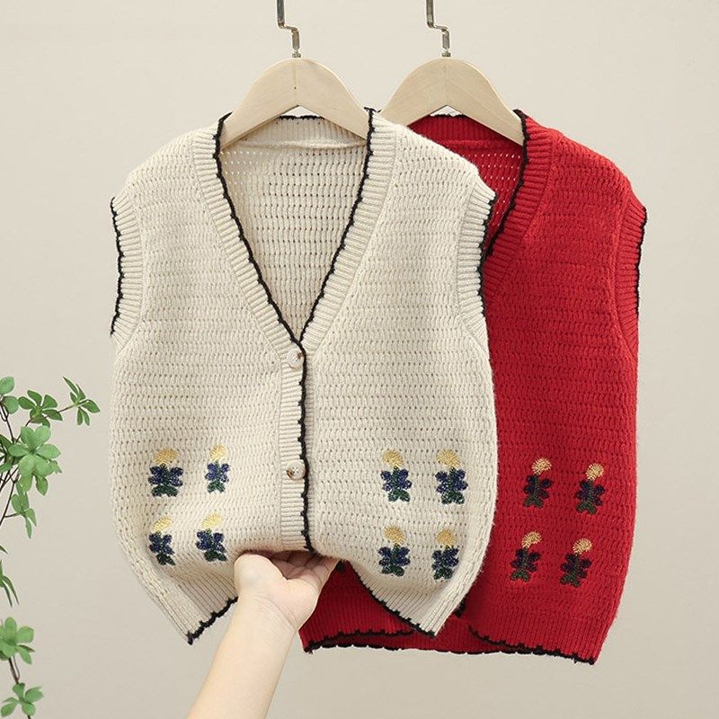 女童针织马甲背心开衫毛衣春秋2024新款春季儿童外套线衣无袖上衣