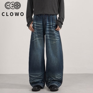 子男生 直筒水洗宽松弯刀休闲长裤 CLOWO·CY272美式 复古猫须牛仔裤
