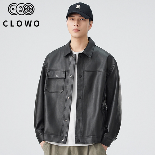 CLOWO美式工装PU皮机车夹克