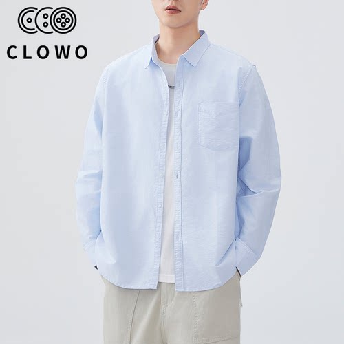 CLOWO纯棉宽松长袖翻领衬衫