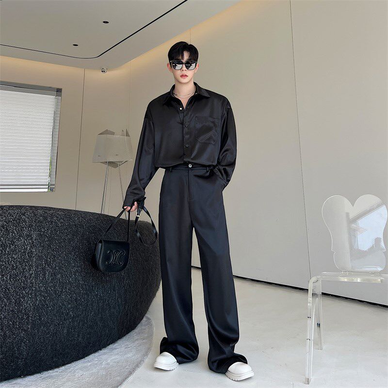 夏季超滑醋酸料i禁欲衬衫套装男宽松韩版网红慵懒风垂感长裤两件,男装,时尚套装,淘宝优惠券,粉丝福利购,淘宝优惠卷