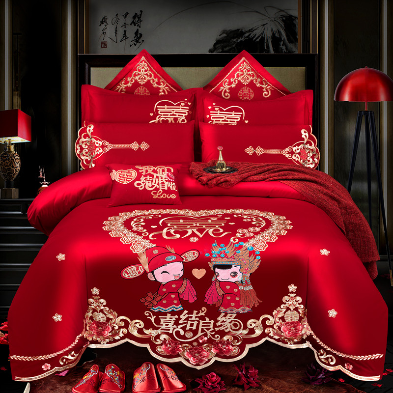 婚庆四件套大红色全棉刺绣新婚喜D被套件婚房绣花结婚床上用品,床上用品,婚庆床品套件,淘宝优惠券,粉丝福利购,淘宝优惠卷