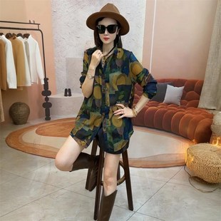 欧货洋气长袖丝麻衬衫宽松休w闲遮肉港风碎花衬衣百搭薄款打底衫