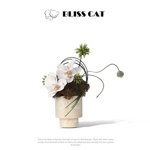 新中式黄洞石小花瓶插花酒店洽谈桌茶几花艺书桌花器W侘寂风小桌