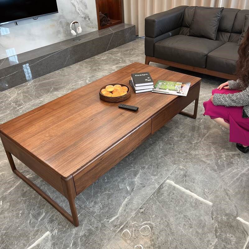 北美黑胡桃木茶几储物家用简约长方形H沙发桌子意式极简实木茶几
