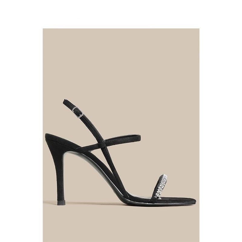 夏季黑色高跟鞋女细跟绒面一字带水C钻高跟法式小凉鞋女款2024新