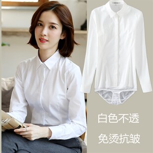 2020新款短袖高端面料连体衬衫女免烫抗皱连裤衬衣寸衫白色面试