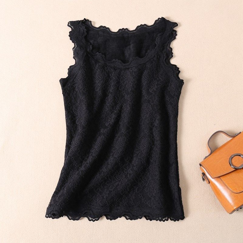 秋冬加绒保暖蕾丝打底吊带背心女薄绒内搭短款无袖小衫精致上衣新