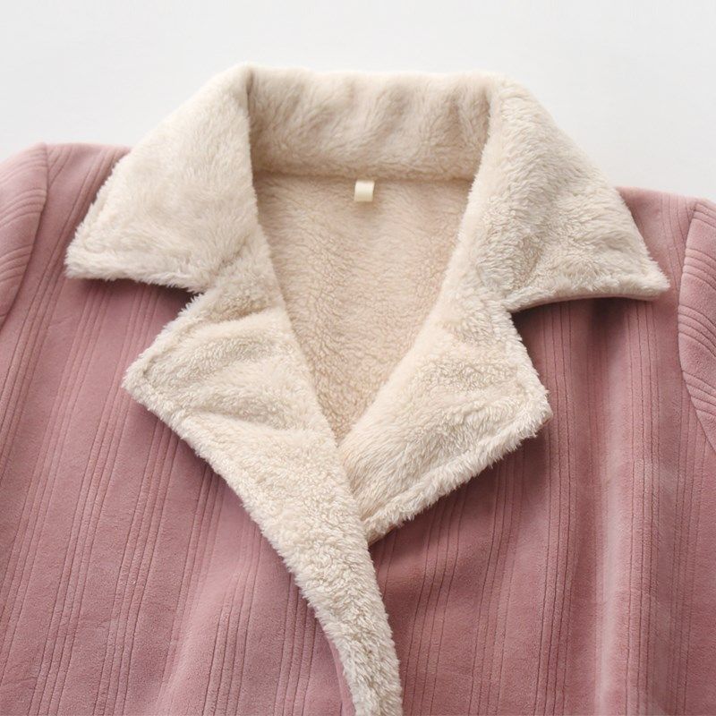 西装领和服浴袍式睡衣女秋冬季复合绒加厚保暖长款长袖家居服套装