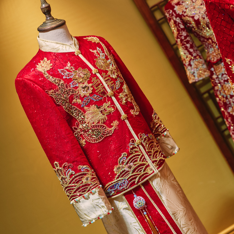 中式新郎秀禾服2023新款男士大码结婚礼服唐装接亲敬酒服龙凤褂男