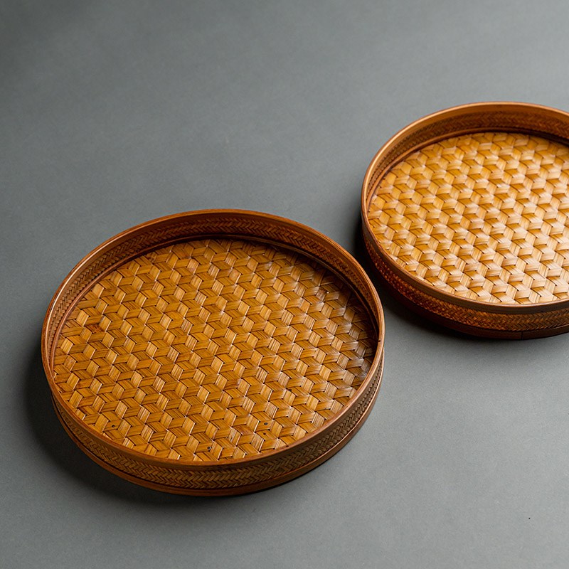 艳库/竹编茶盘中式大漆茶道圆托盘收纳茶托干泡台家用客厅水果盘
