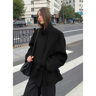 秋冬上衣百搭宽松女 100绵羊毛黑色毛呢系带外套短款 洛边 玄鸟
