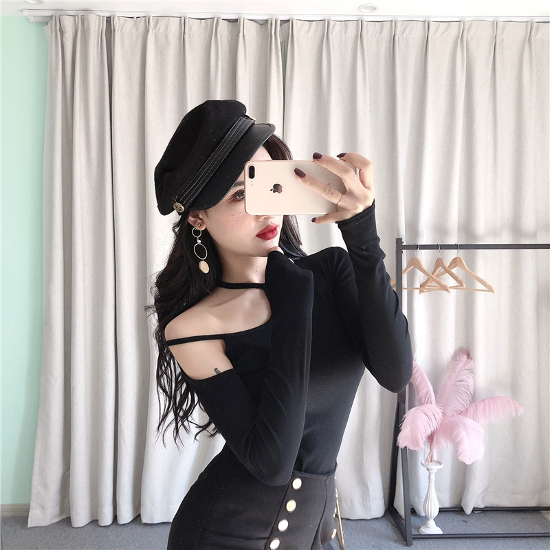 露肩上衣开肩心机女性感长袖紧身漏锁骨T恤设计感个性纯棉打底衫