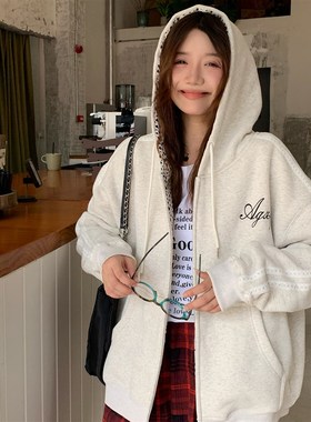 AGXS秋冬花灰色撞色拼接爱心拉链帽衫宽松休闲加绒连帽开衫卫衣女