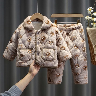 儿童法兰绒睡衣冬季宝宝三层夹棉加厚家居服套装女童加绒保暖冬装