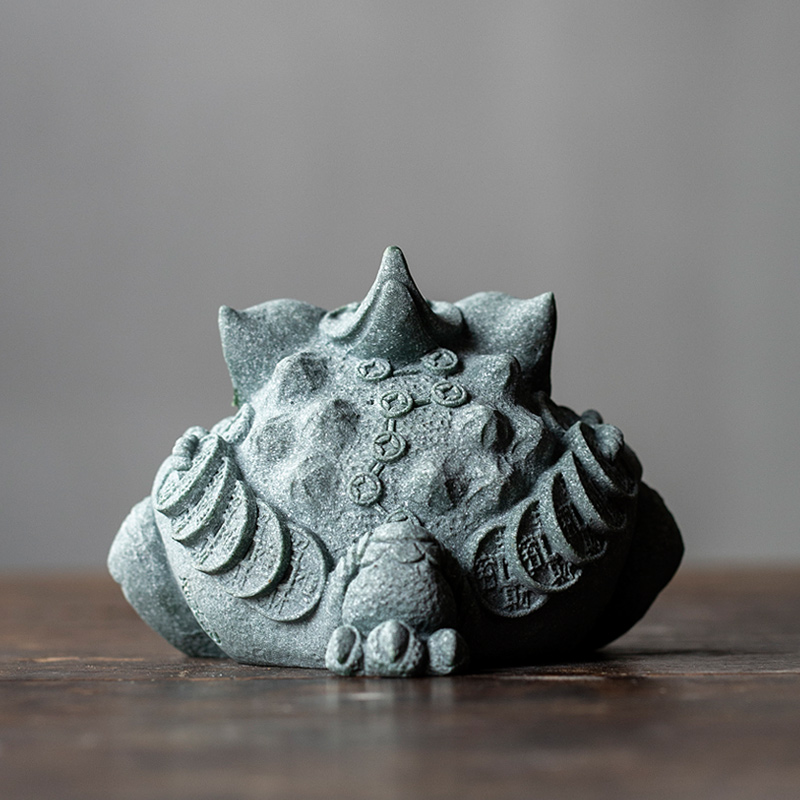 青砂石招财金蟾装饰茶宠摆件 中式复古创意国潮鱼缸石材造景饰品