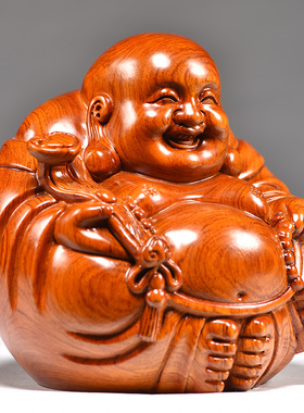 花梨实木弥勒佛像雕刻坐笑佛一团和气摆件客厅玄关装饰送礼工艺品