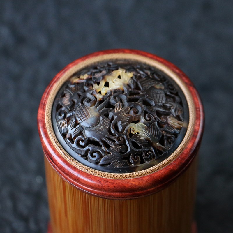 精品纯手工制作天然老玉竹镂空雕刻蒙心蝈蝈罐红檀木封口竹叫罐筒