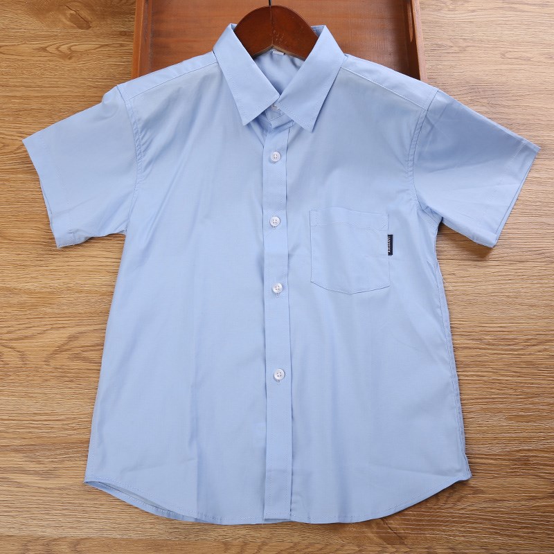 男童衬衫短袖有口袋全纯棉蓝色白色衬衣孩儿童夏装小学生校服班服