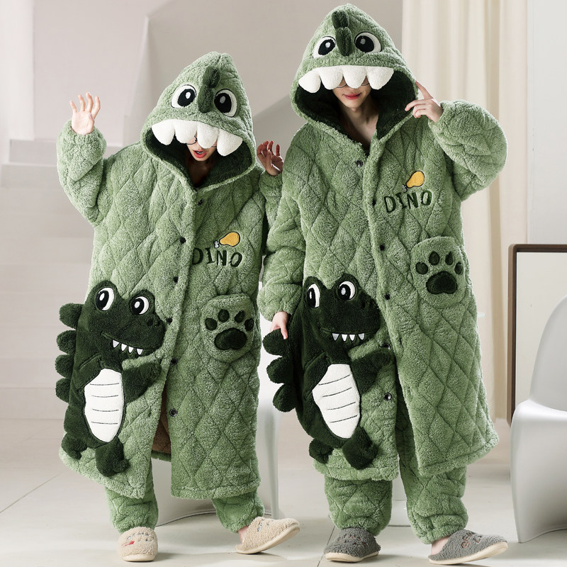 情侣睡衣冬季珊瑚绒加绒加厚三层夹棉男款女睡袍卡通家居服秋冬款